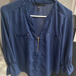Harve Benard Blue Blouse with Puff Sleeves and Mandarin Collar